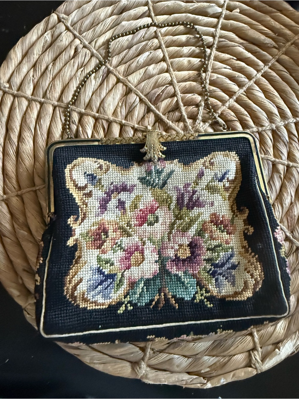Handbag tapestry handmade JOLLES Austria purse embroidery petit point flowers